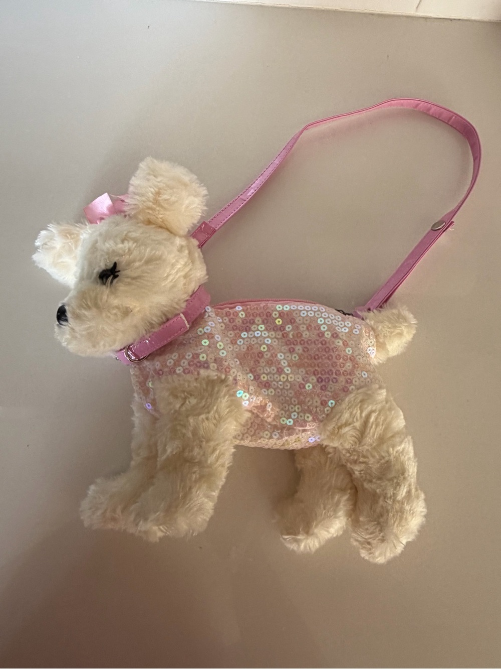 Plush Cream Dog Shoulder Bag with Pink Sequin Body